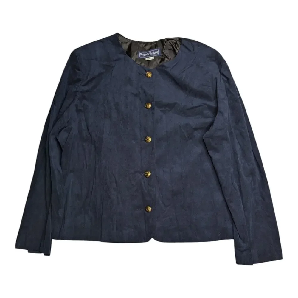Vtg 1980s Maggie McNaughton Navy Blue Faux Suede Collarless Blazer Jacket 20W